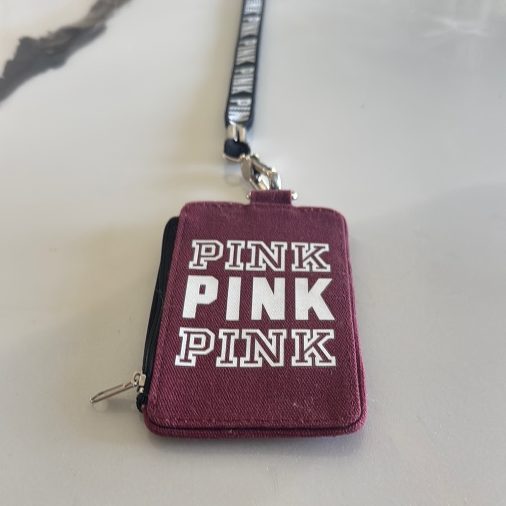 PINK Victoria's Secret Burgundy Card Holder with Black Lanyard